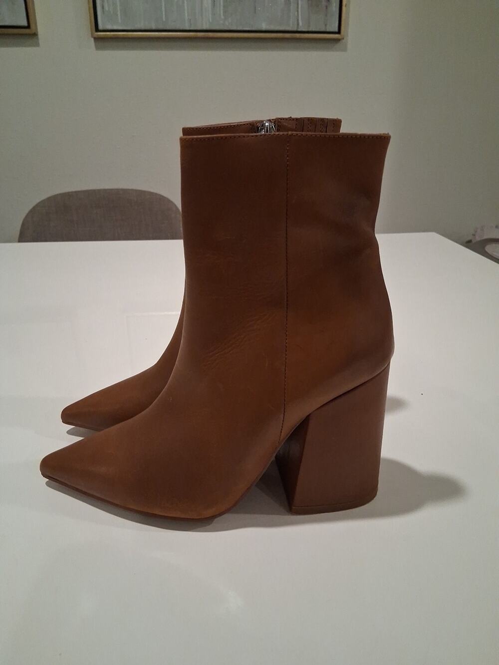 Alias Mae Ahara Bootie Tan Burnished Leather Pointed Toe Block Heel Ankle Boots